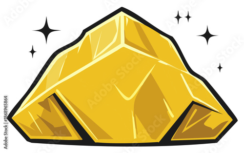 Stylized Gold Nugget with Sparkling Stars, Vector Graphic of a Shining Mineral Deposit, Wealth Concept