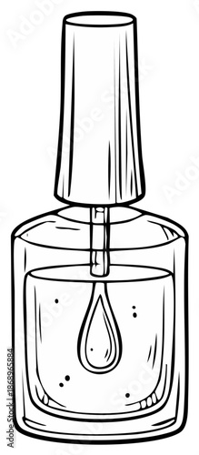 Black and white line art illustration of an open nail polish bottle with a dripping brush