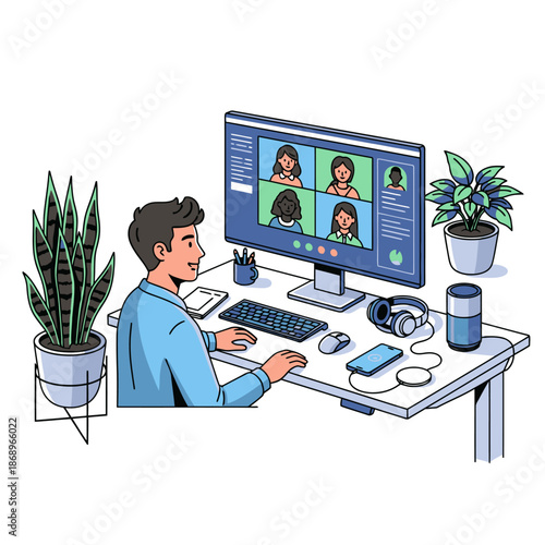 This vibrant flat 2D illustration depicts a young professional utilizing a standing desk for a multi participant conference on a large monitor, showcasing seamless hybrid work and virtual communicatio
