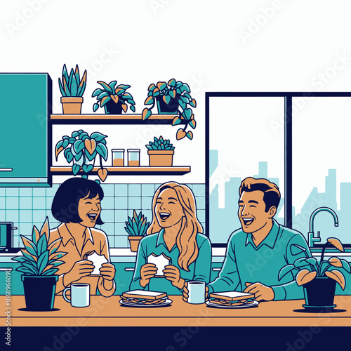 Three happy colleagues laughing and enjoying an informal coffee break with sandwiches in a vibrant, colorful office kitchen rendered as a flat 2D graphic illustration