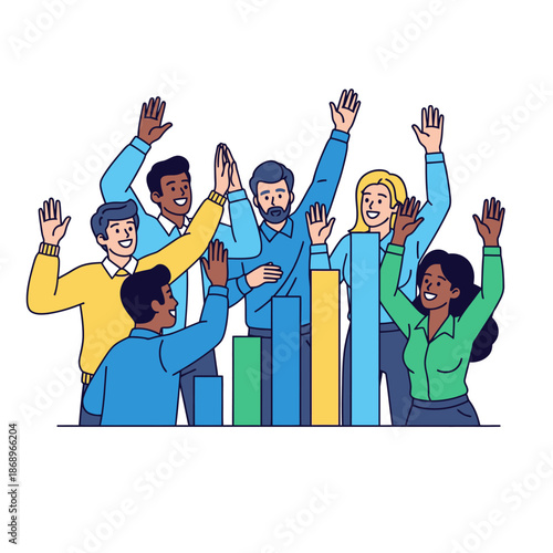 Vibrant 2D flat graphic illustration showing a small cheerful business team raising their hands and high fiving around a bar chart indicating successful goal completion in a bright modern office