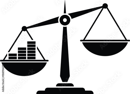 Justice balance scale with coins, financial law vector illustration, equality economy concept, legal judgment symbol, business finance icon, black silhouette design