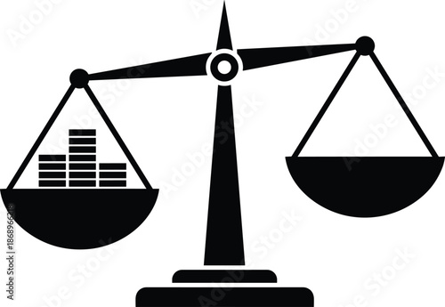 Justice balance scale with money coins, law and finance comparison concept, legal fairness and economics symbolism, black and white vector illustration