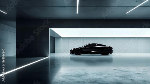 Wallpaper Mural Sleek Black Sports Car in Modern Minimalist Garage with Ambient Lighting Futuristic Atmosphere and Polished Floor Reflecting Silhouette, Emphasizing Luxury and Innovation Torontodigital.ca