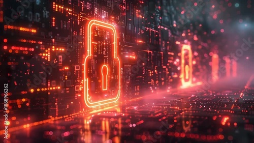 Wallpaper Mural Glowing Digital Lock on Circuit Board Red and Orange Hues Highlight Cybersecurity, Data Protection, and Technological Advancement in Futuristic Virtual Environment Torontodigital.ca