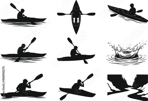 Kayaking silhouette vector, black and white paddling scenes, river adventure, water sport illustration, kayak top view, splash motion, forest background