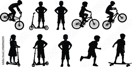 Kids outdoor activity silhouettes vector illustration set, children riding bicycles scooters skateboards running 