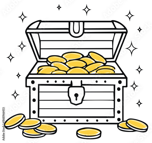 Treasure Chest Filled with Gold Coins Line Art Illustration  Adventure Concept Wealth and Riches Abundance Symbolic Design Decorative Style