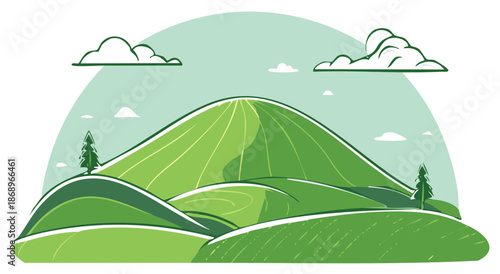 Stylized Green Rolling Hills Under Cloudy Sky With Pine Trees