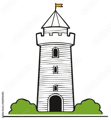 Cartoon Medieval Tower with Yellow Flag Green Shrubs Simple Illustration