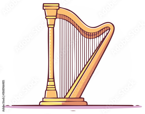 Cartoon Illustration of Stringed Harp Musical Instrument with Strings and Sound Box