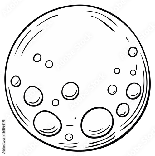Cartoon full moon with craters black and white outline illustration