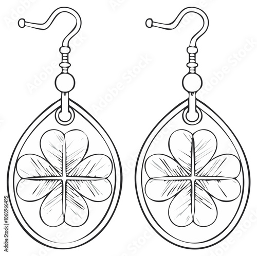 Earrings with Clover Leaf Detail Decorative Jewelry Sketch Illustration