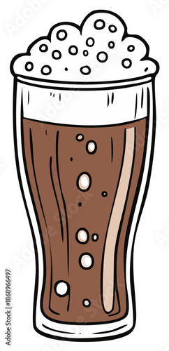 A cartoon illustration of a glass of dark beer with a frothy head
