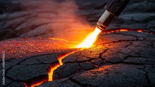 Molten lava flowing through cracked earth, glowing intensely with heat and smoke.