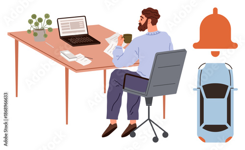 Remote work, productivity habits, lifestyle management, notifications, digital tools, planning. Man sits at desk with laptop, papers coffee bell icon. Remote work and productivity habits