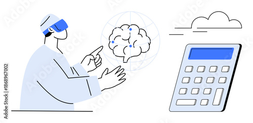 Artificial intelligence, cloud computing, data processing, virtual reality, machine learning, innovation. Person using virtual reality interacting with AI brain and calculator. AI and cloud computing