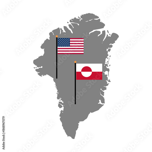 Greenland Map Illustration Featuring United States and Greenland Flags on White Background, Symbolizing Geopolitics, Arctic Relations, International Presence, Territory and Sovereignty