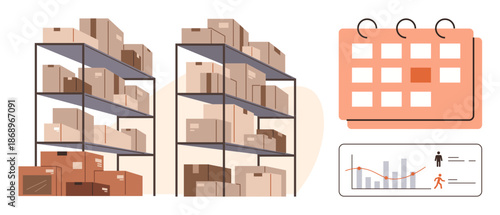 Inventory management, logistics planning, business productivity, supply chain, organization, data analysis. Shelves with boxes, calendar and data chart. Inventory management and logistics planning