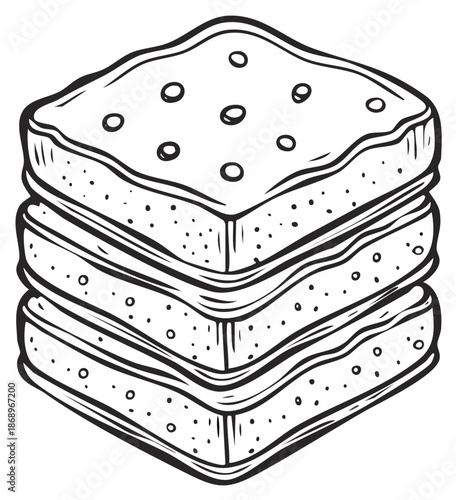 Stack of toasted sandwich with polka dot topping illustration. Monochrome design.