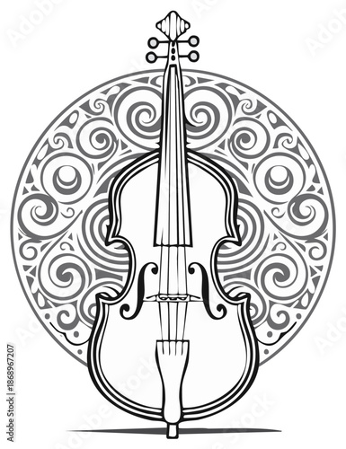Upright bass instrument vector with ornate swirling background artwork.