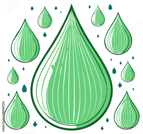 Vibrant green water droplets with subtle artistic stripes symbolizing freshness and purity