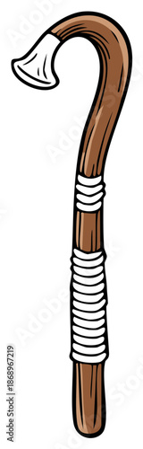 Ancient wooden walking stick or shepherd's crook cartoon vector illustration