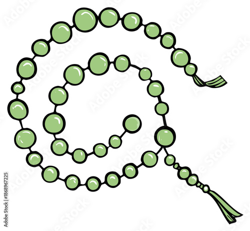 Green beaded strand with tassels in a swirling pattern, hand drawn illustration
