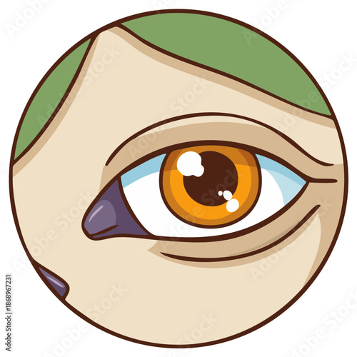 Close up illustration of an expressive cartoon eye with orange iris and light blue sclera