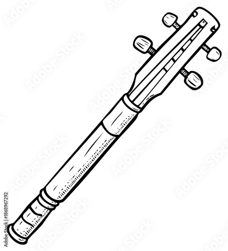 Black and white illustration of a ukulele headstock neck and four tuning pegs