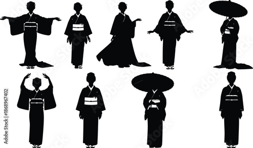 Japanese geisha silhouette set, women wearing traditional kimono standing and dancing with umbrella, asian culture vector illustration collection, black and white