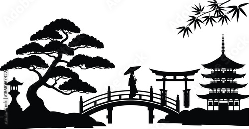 Japanese landscape silhouette, traditional garden scene with geisha on bridge, pagoda, torii gate and pine tree, black vector illustration, asian culture design.