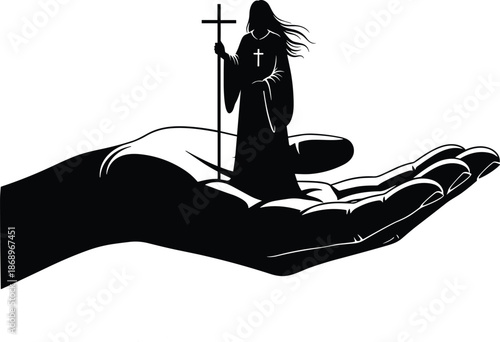 Jesus standing in protecting hand silhouette vector illustration, christian faith and divine guidance concept, spiritual protection symbol, religious hope belief design