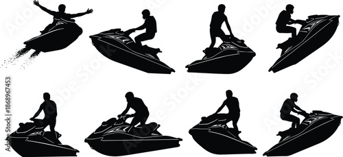 Jet ski rider silhouette action set, extreme water sports personal watercraft poses, dynamic black vector illustration isolated on white background