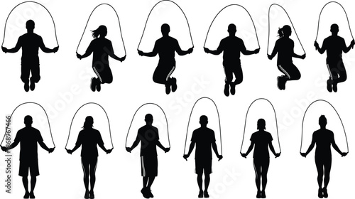 Jump rope exercise silhouettes of men and women, fitness training vector illustration, cardio workout activity set, healthy lifestyle concept, isolated on white background