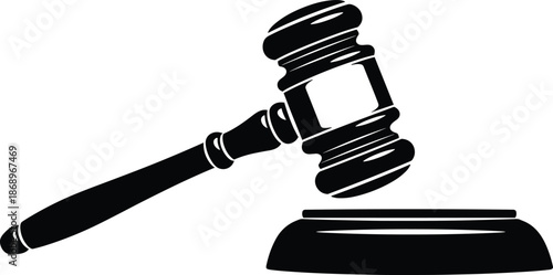 Judge gavel and sound block silhouette, legal authority and courtroom justice concept, law enforcement symbolism, black and white vector illustration design