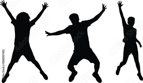 Jumping people silhouette, black vector illustration, energetic motion design, casual pose artwork, expressive movement concept, dynamic leap scene, joyful action moment