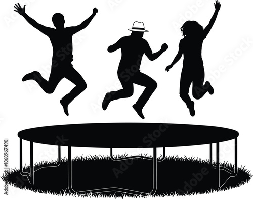 Jumping people on trampoline silhouettes vector illustration, friends having fun outdoors, joyful leisure activity scene, energetic movement concept, black shadow figures isolated on white background