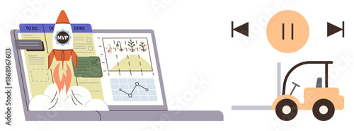 Business innovation, startup growth, productivity, data analytics, project management, workflow optimization. Rocket on laptop with charts, forklift and playback symbols. Startup growth