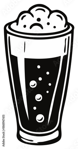 Simple black and white illustration of a pint of dark beer with a sad face in the foam