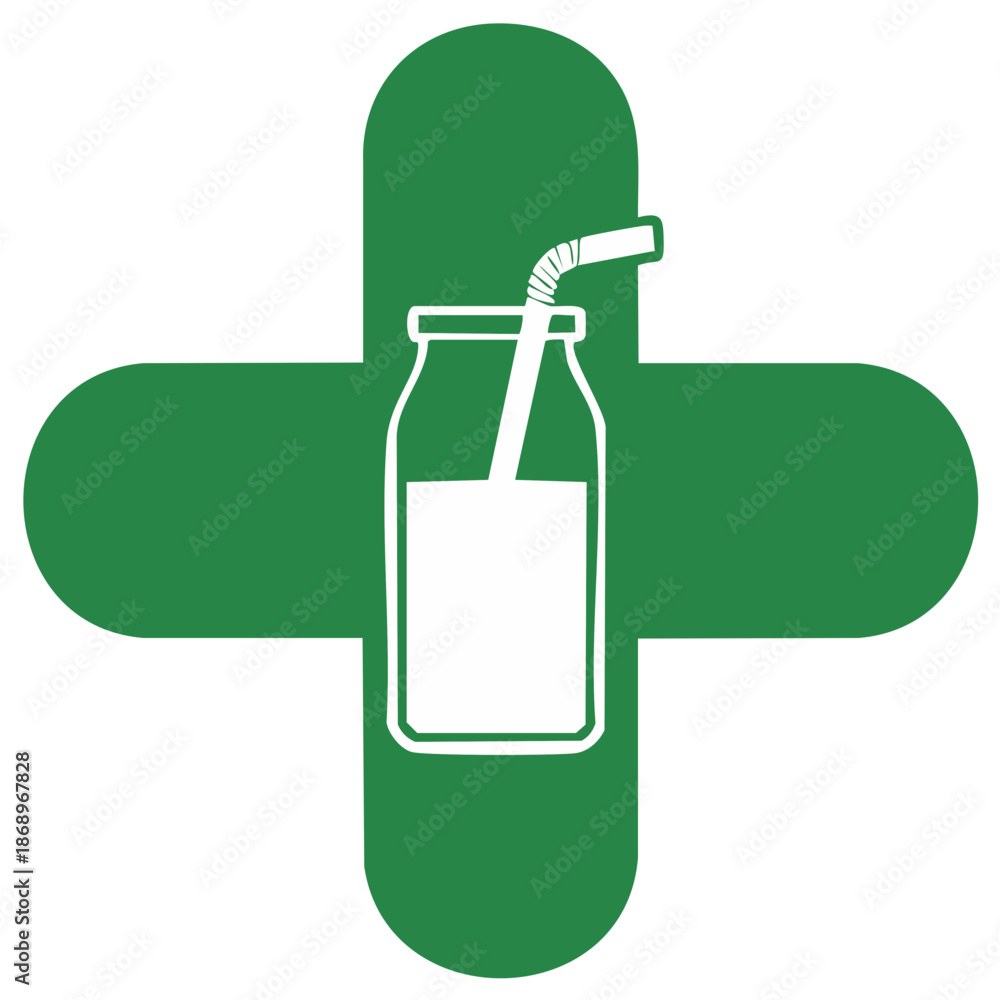 Fototapeta premium Green pharmacy cross overlaying a stylized bottle with a straw filled with liquid