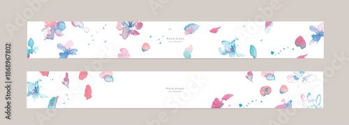 水彩画。水彩タッチの桜のベクターイラスト。桜舞う春のポストカード。Watercolor painting. A random illustration of cherry blossoms in watercolor. A spring postcard with cherry blossoms falling.