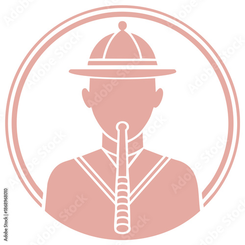 Silhouetted figure within circle, wearing traditional headwear and instrument, in muted tone.