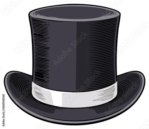 Elegant Black Top Hat with White Ribbon Graphic Design Element for Victorian Era Costume Parties or Magician Outfits