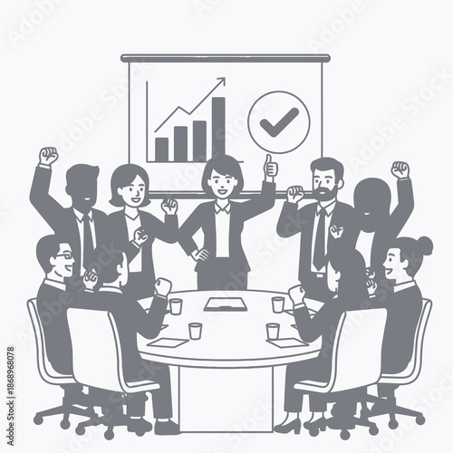 Celebrating project achievement, a decisive project manager gives a thumbs up to a diverse, cheering team in a modern conference room in this clean 2D flat graphic illustration