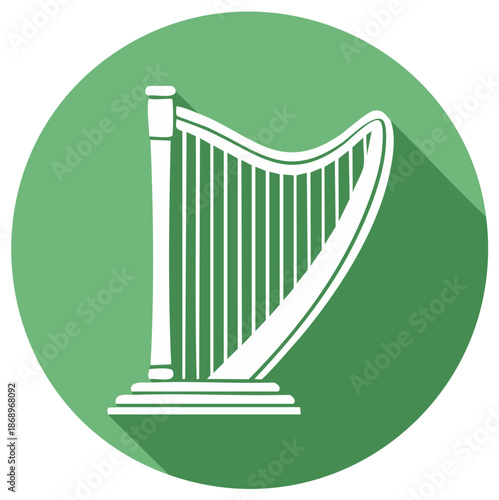 White harp icon with long shadow on a green circle background