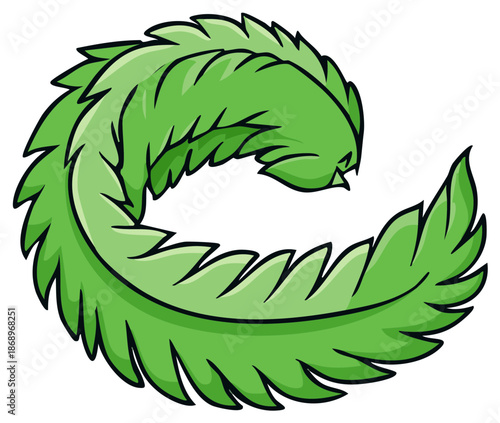 Stylized Green Feather Shape Swirling in a Spiral Pattern with Jagged Edges