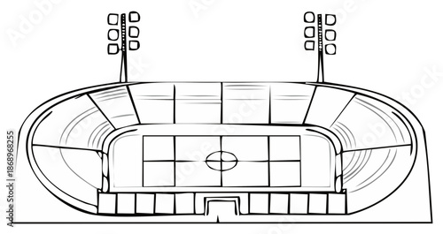 Stadium Outline Illustration with Field and Floodlights, Sport Arena Design