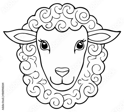 Cute cartoon sheep face with curly wool and large innocent eyes outline