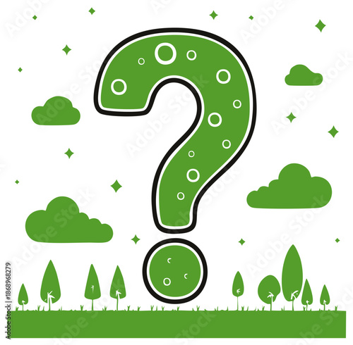 Large Green Question Mark Symbol Surrounded by Nature Elements and Stars